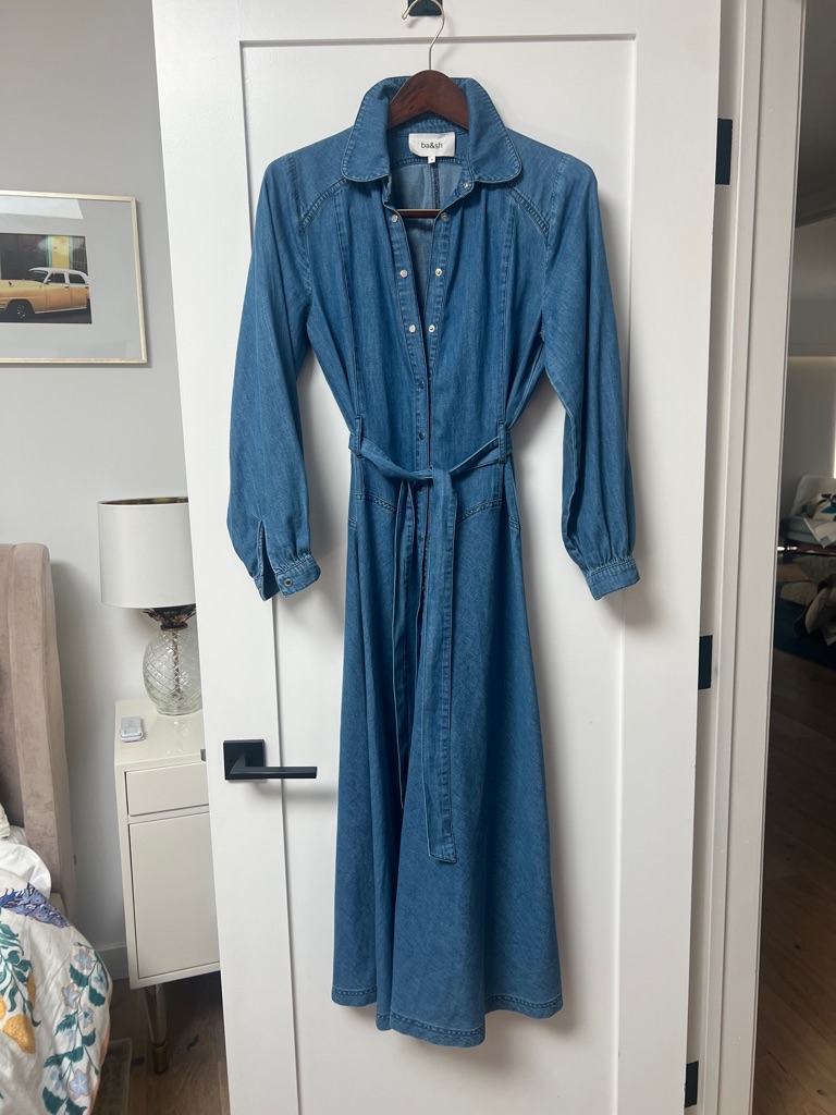 Ba&Sh Blue Denim Long-Sleeve Midi Shirt Dress With Tie Belt